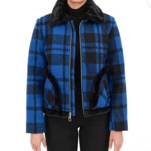 Cyn & Luca blue plaid faux fur coat